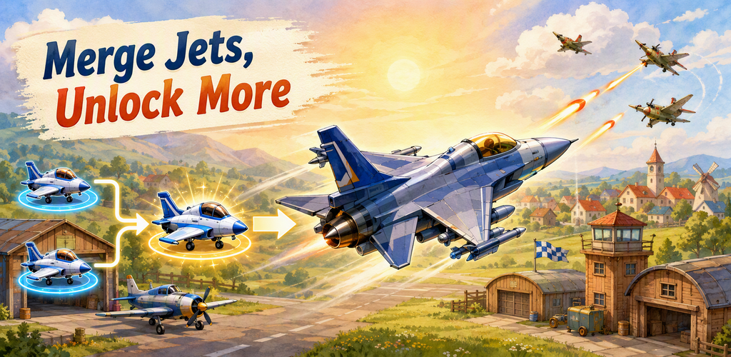 Cloud Merge: Jet Battle key art showing jets flying above a watercolor village